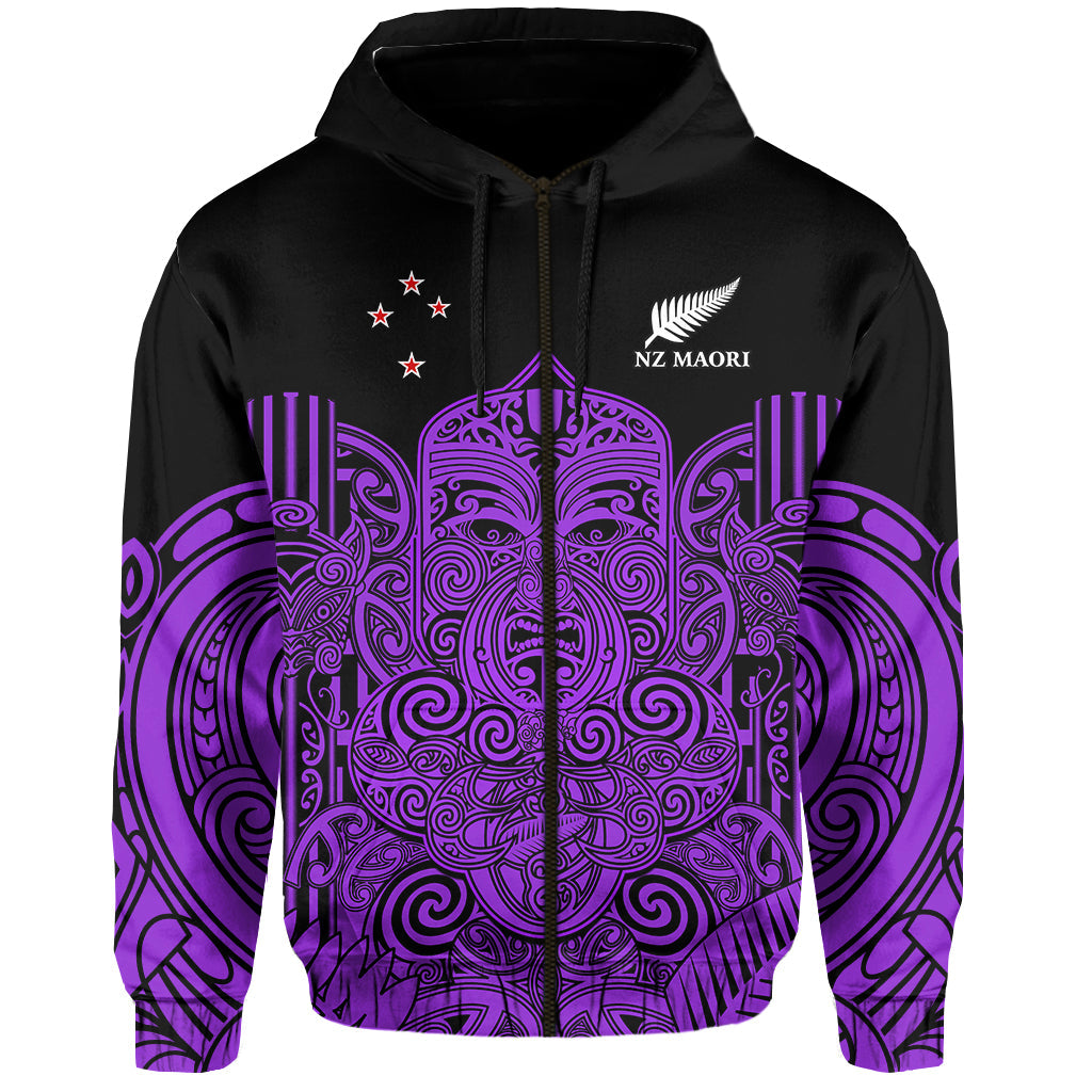 (Custom Text and Number) New Zealand Tiki Rugby Hoodie NZ Maori Koru Pattern Ver.04 LT14 Zip Hoodie Purple - Polynesian Pride