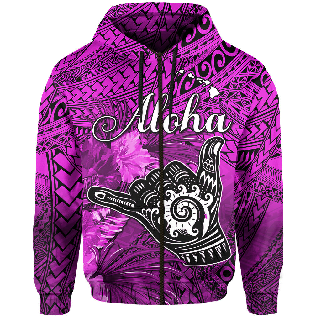 Custom The Shaka Hawaii Hoodie Tropical Flowers Purple Version LT13 Zip Hoodie Purple - Polynesian Pride