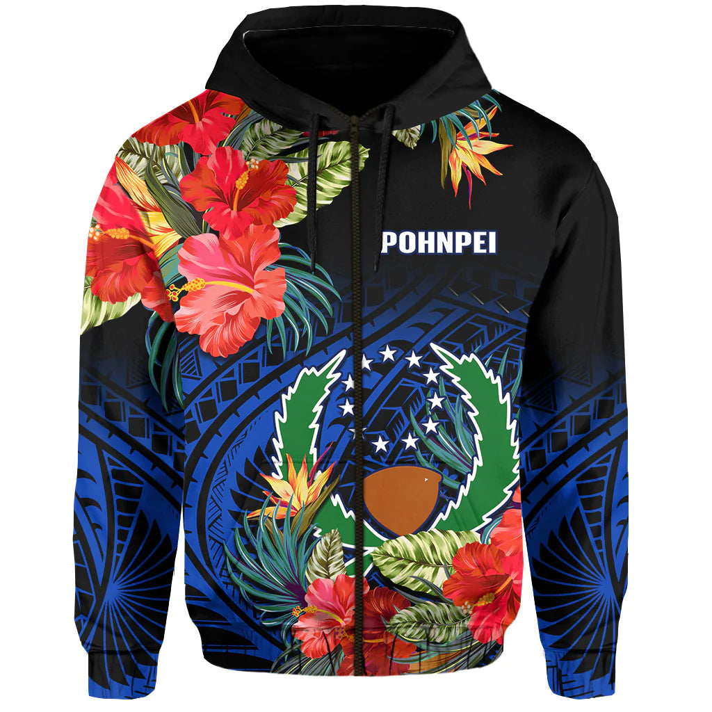 Pohnpei State Hoodie FSM Hibiscus Flowers Mix Polynesian LT14 Zip Hoodie Blue - Polynesian Pride