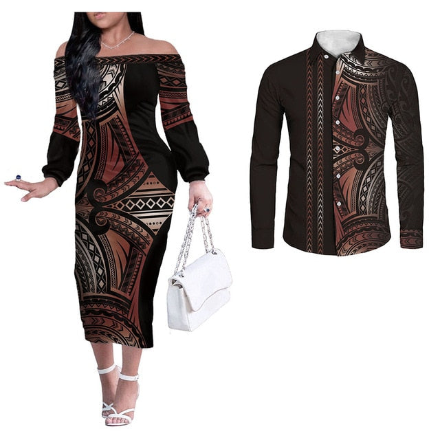 Hawaii Tribal Couples Matching Hawaiian Outfits - Polynesian Long Sleeve Dress and Shirt Black Style Black - Polynesian Pride