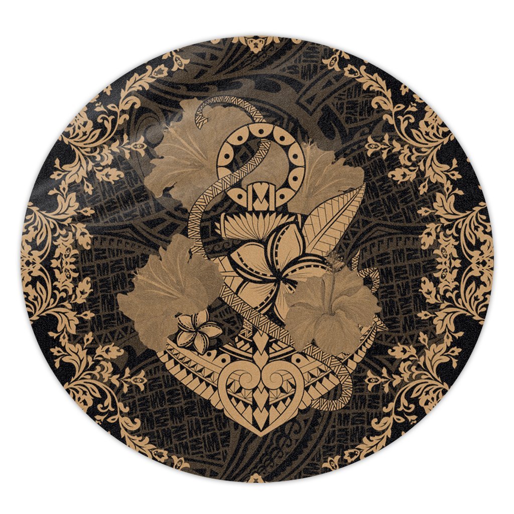 Hawaii Anchor Hibiscus Flower Vintage Round Carpet - AH - Gold Round Carpet Luxurious Plush - Polynesian Pride