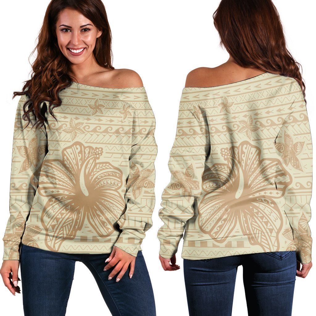 Hawaii Hibiscus Plumeria Kanaka Polynesian Vintage Women's Off Shoulder Sweater - AH Black - Polynesian Pride