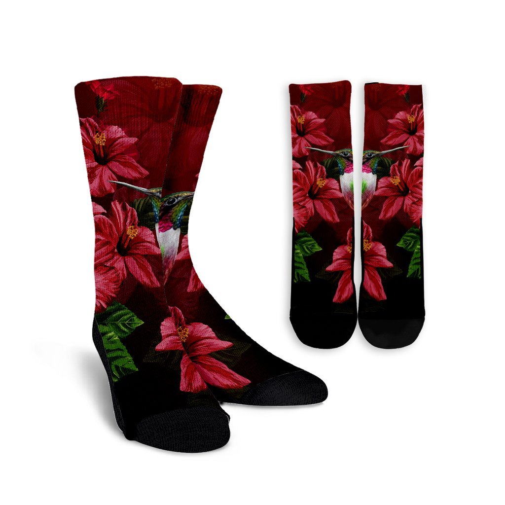 Hawaii Red Hibiscus Humming Bird Crew Socks - AH Crew Socks White - Polynesian Pride