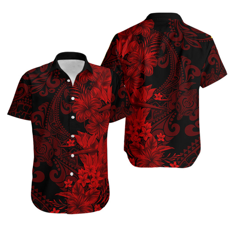 Hawaii Couple Outfits Hawaii Flowers Mix Tribal Pattern Matching Dress and Hawaiian Shirt Red LT6 - Polynesian Pride