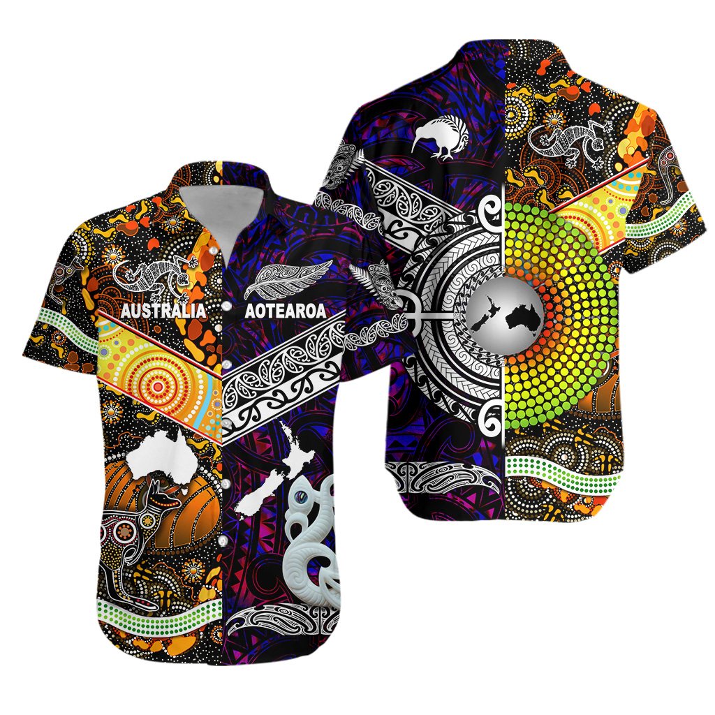 New Zealand Maori Aotearoa And Australia Aboriginal Hawaiian Shirt Together - Purple LT8 Black - Polynesian Pride