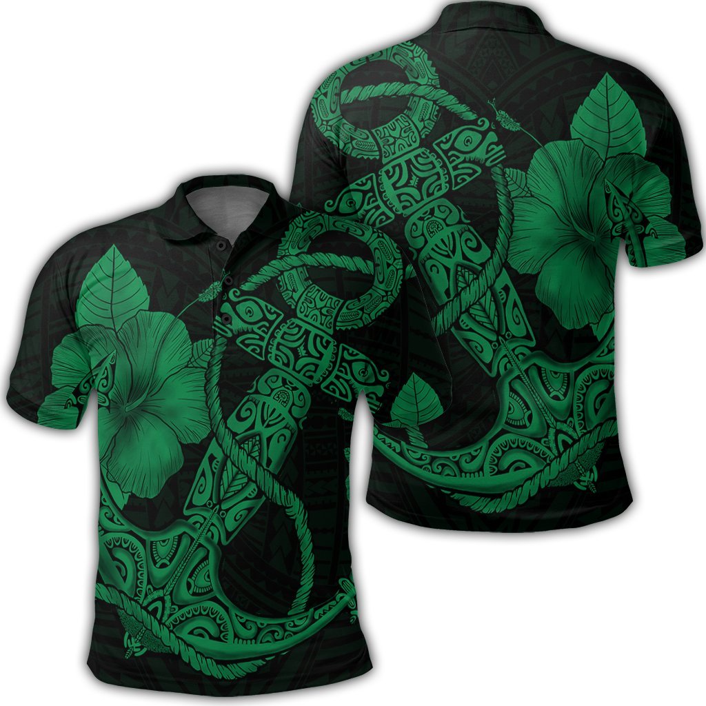 Hawaiian Anchor Poly Tribal Hibiscus Polynesian Polo Shirt Green Black - Polynesian Pride