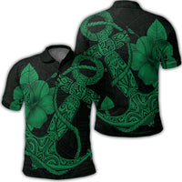Hawaiian Anchor Poly Tribal Hibiscus Polynesian Polo Shirt Green Black - Polynesian Pride