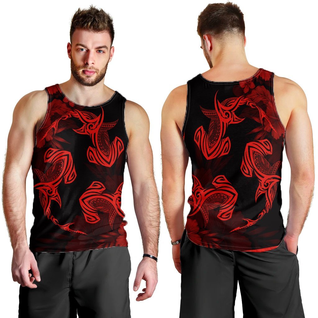 Hawaiian Hammerhead Shark Hibiscus Red Polynesian Tank Top - AH - Polynesian Pride