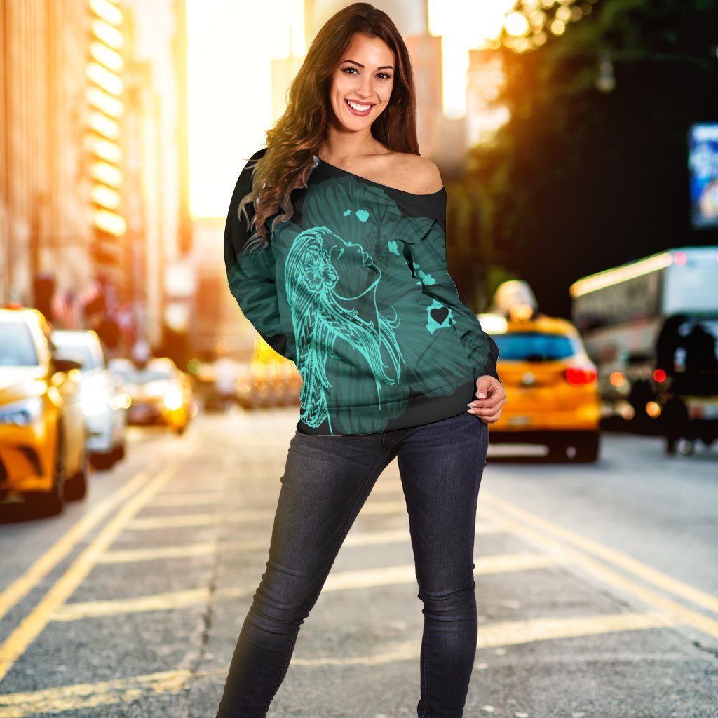 Hawaiian Map Heart Hula Girl Hibiscus Turquoise Polynesian Women's Off Shoulder Sweater - AH - Polynesian Pride