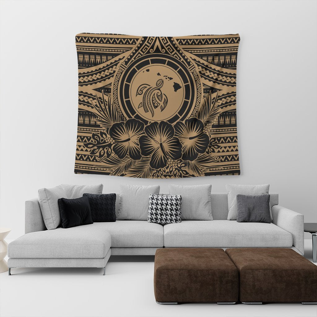 Hawaiian Map Honu Hibiscus Tropic Gold Polynesian Tapestry - AH - Polynesian Pride