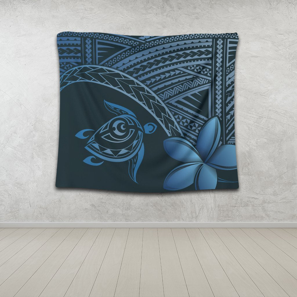 Hawaiian Turtle Plumeria Kakau Polynesian Quilt Tapestry Neo Blue AH - Polynesian Pride