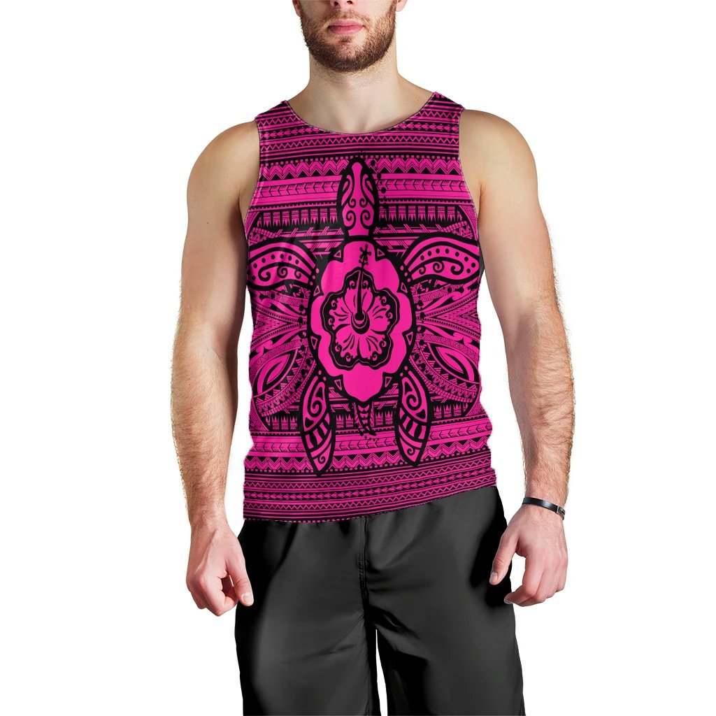 Hawaiian Turtle Polyensian Tribal Tank Top Pink AH Black - Polynesian Pride