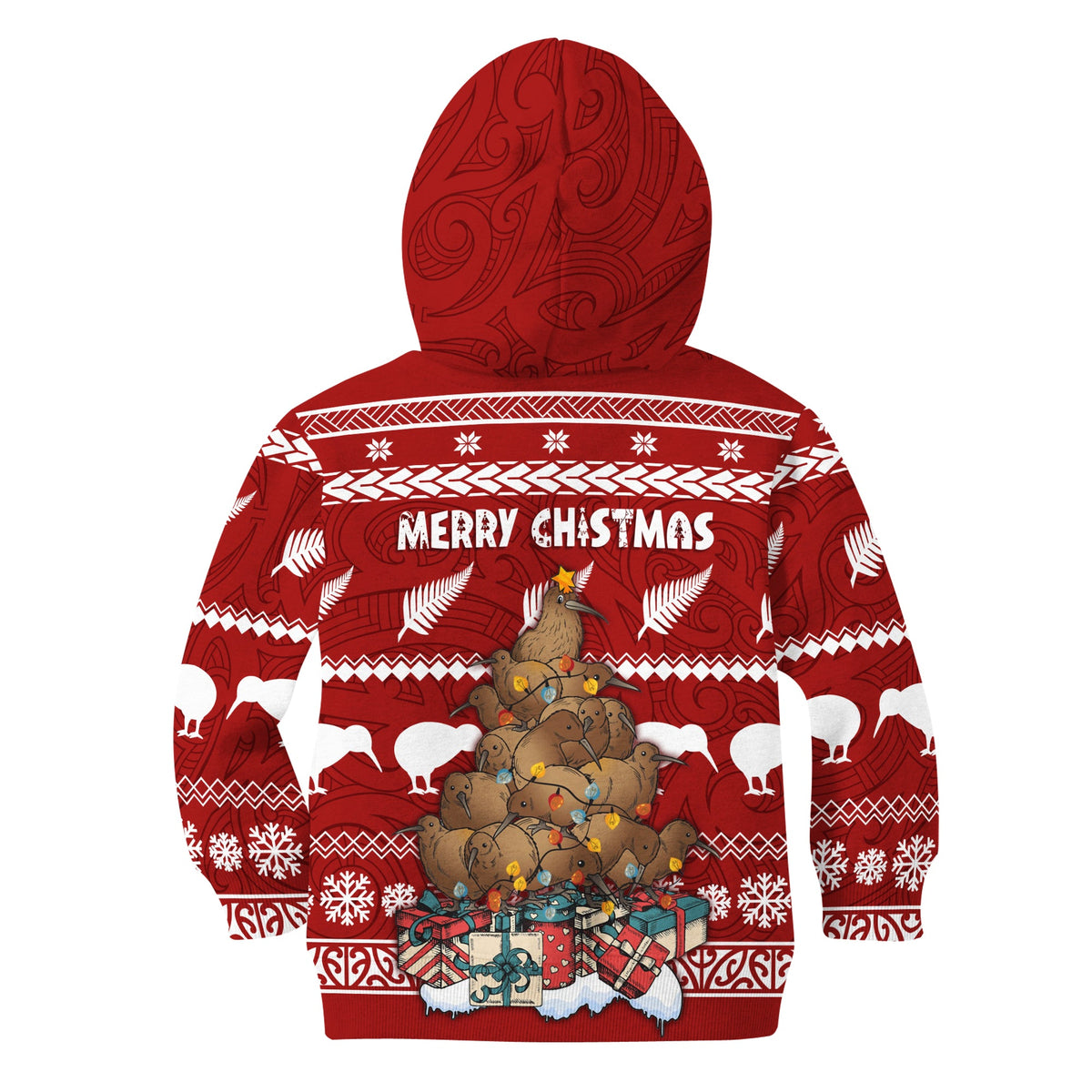 New Zealand Hoodie KID Mere Kirihimete - Kiwi Xmas Tree LT7 Zip Hoodie Red - Polynesian Pride