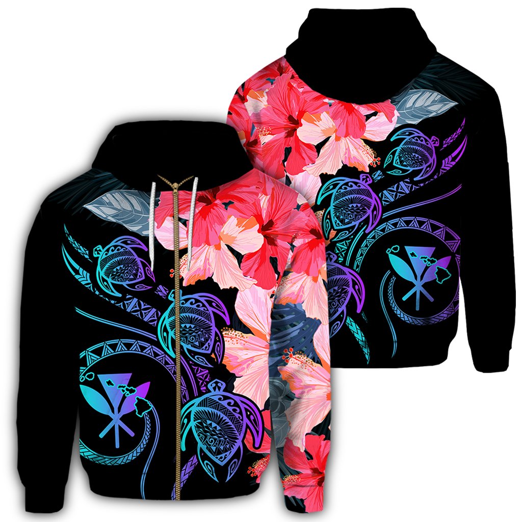 Hawaii Turtle Polynesian Tropical Hoodie (Zip up) Cora Style Black - Polynesian Pride