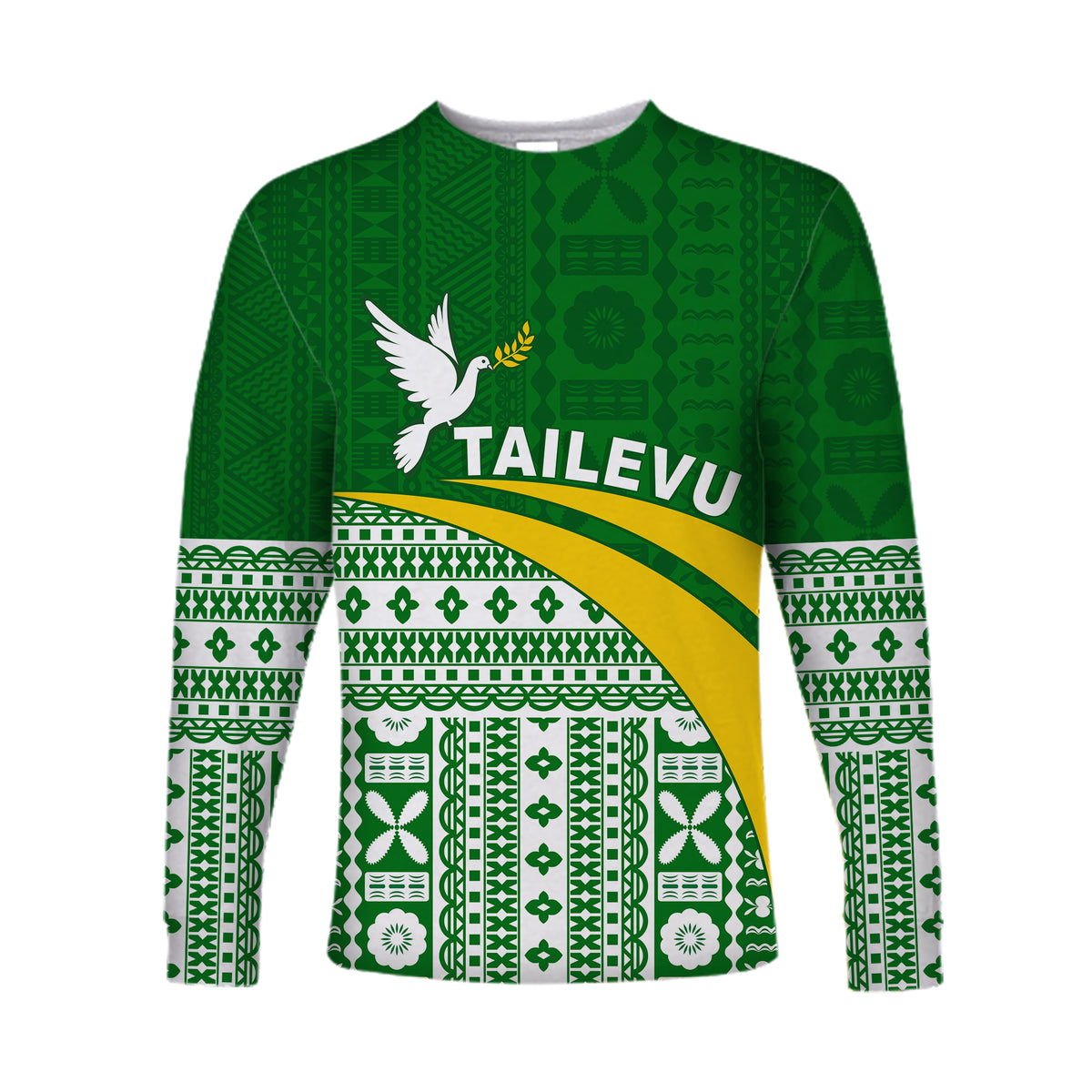 (Custom Text and Number) Tailevu Rugby Long Sleeve Shirt Fiji Rugby Tapa Pattern Green LT13 - Polynesian Pride