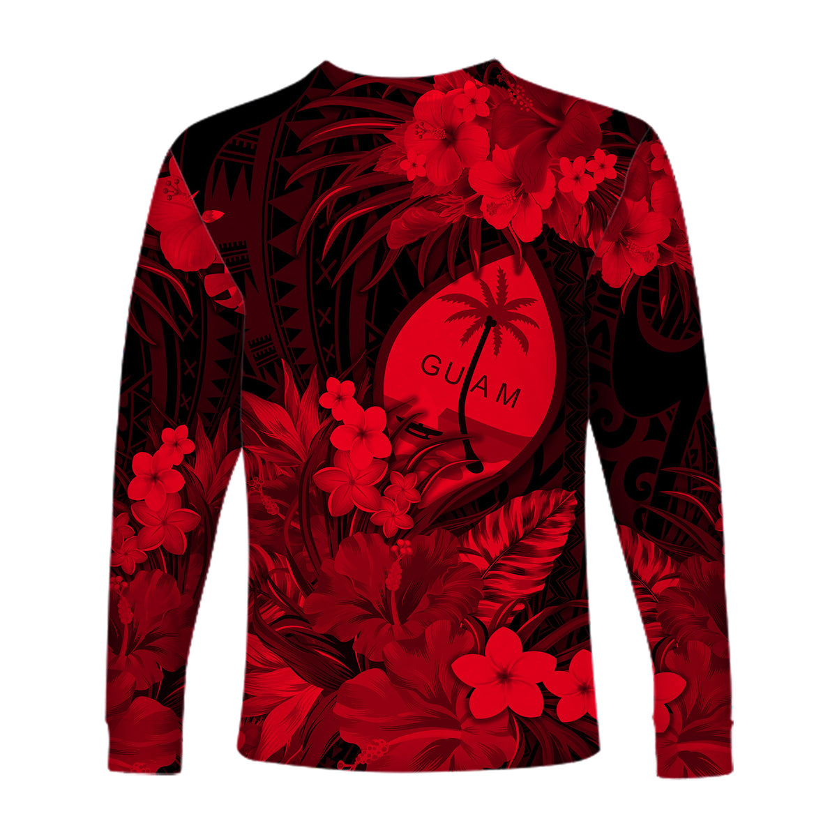 Guam Polynesian Long Sleeve Shirt Tropical Flowers - Red LT8 - Polynesian Pride