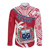 (Custom Personalised) Samoa Long Sleeve Button Shirt Samoan Coat Of Arms With Coconut Red Style LT14 - Polynesian Pride