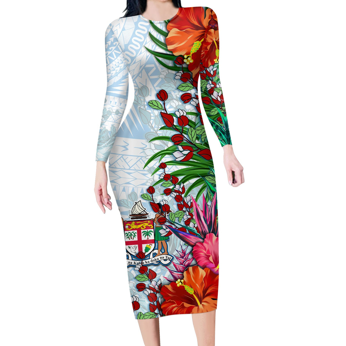 (Custom Personalised) Fiji Long Sleeves Dress Proud Fijian Tapa mix Tagimoucia Flowers LT13 Polyester spandex White - Polynesian Pride