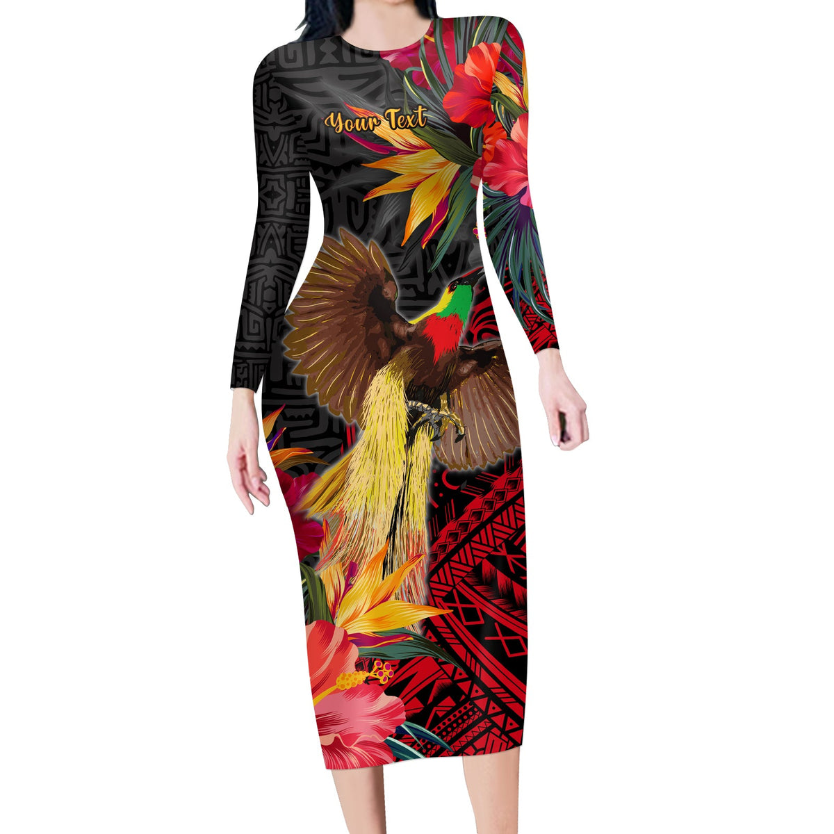 (Custom Personalised) Papua New Guinea Long Sleeves Dress Bird of Paradise Ver.01 LT13 Polyester spandex Black - Polynesian Pride