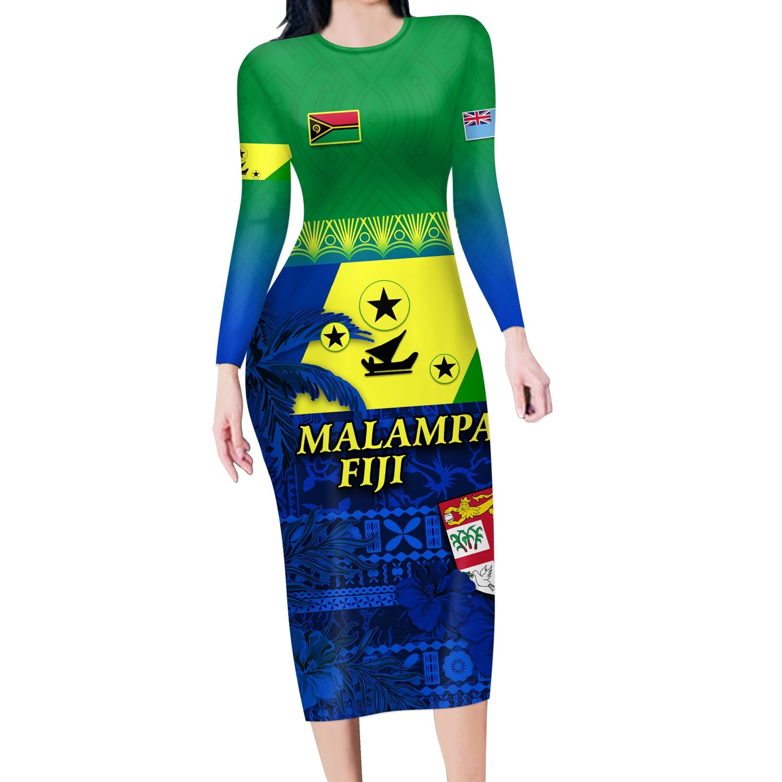 (Custom Personalised) Malampa Fiji Day Long Sleeves Dress Vanuatu Polynesia mix Flowers LT13 Polyester/spandex Green - Polynesian Pride