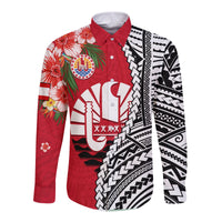 Tahiti Islands Long Sleeve Button Shirt Polynesian Shark Mix Tropical Flowers LT14 Unisex Red - Polynesian Pride