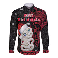 New Zealand Christmas Long Sleeve Button Shirt Hei Tiki Red Pohutukawa Meri Kirihimete LT14 Unisex Red - Polynesian Pride
