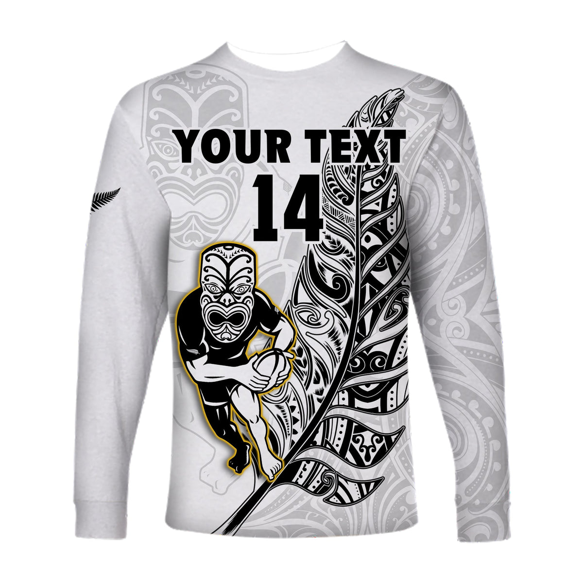 (Custom Text And Number) New Zealand Silver Fern Rugby Long Sleeve Shirt All Black Maori Version White LT14 - Polynesian Pride