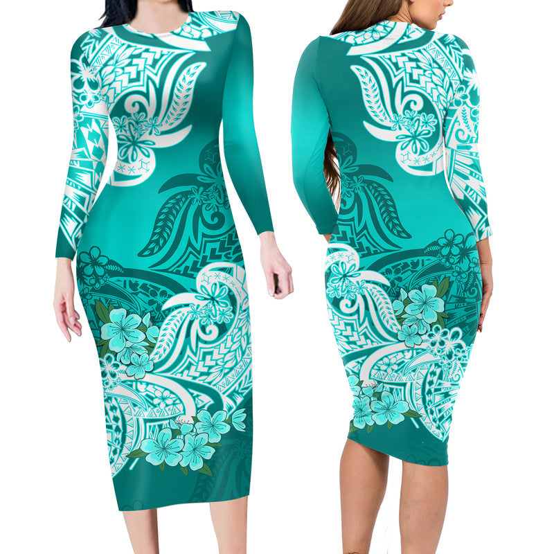Polynesian Floral Tribal Long Sleeves Dress - Turquoise LT9 Polyester spandex Turquoise - Polynesian Pride
