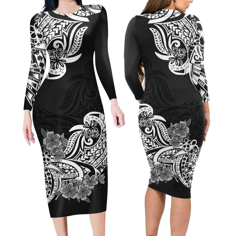 Polynesian Floral Tribal Long Sleeves Dress - Black LT9 Polyester spandex Black - Polynesian Pride