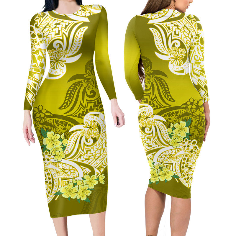 Polynesian Floral Tribal Long Sleeves Dress - Yellow LT9 Polyester spandex Yellow - Polynesian Pride