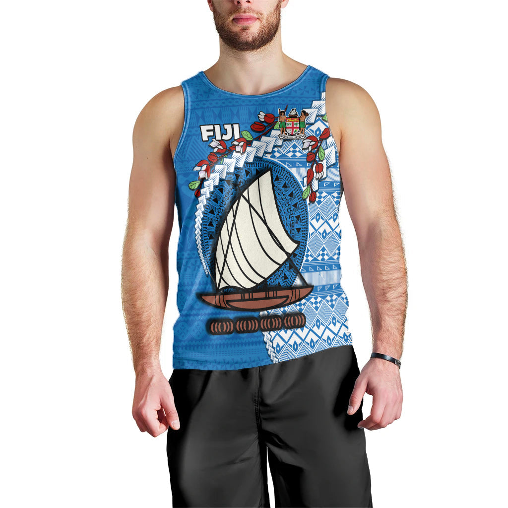 Fiji Men Tank Top Fijian Drua Mix Tagimaucia Flower Blue Style LT14 - Polynesian Pride
