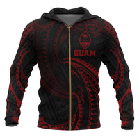 Guam Polynesian Zip up Hoodie Red Tribal Wave Unisex Black - Polynesian Pride