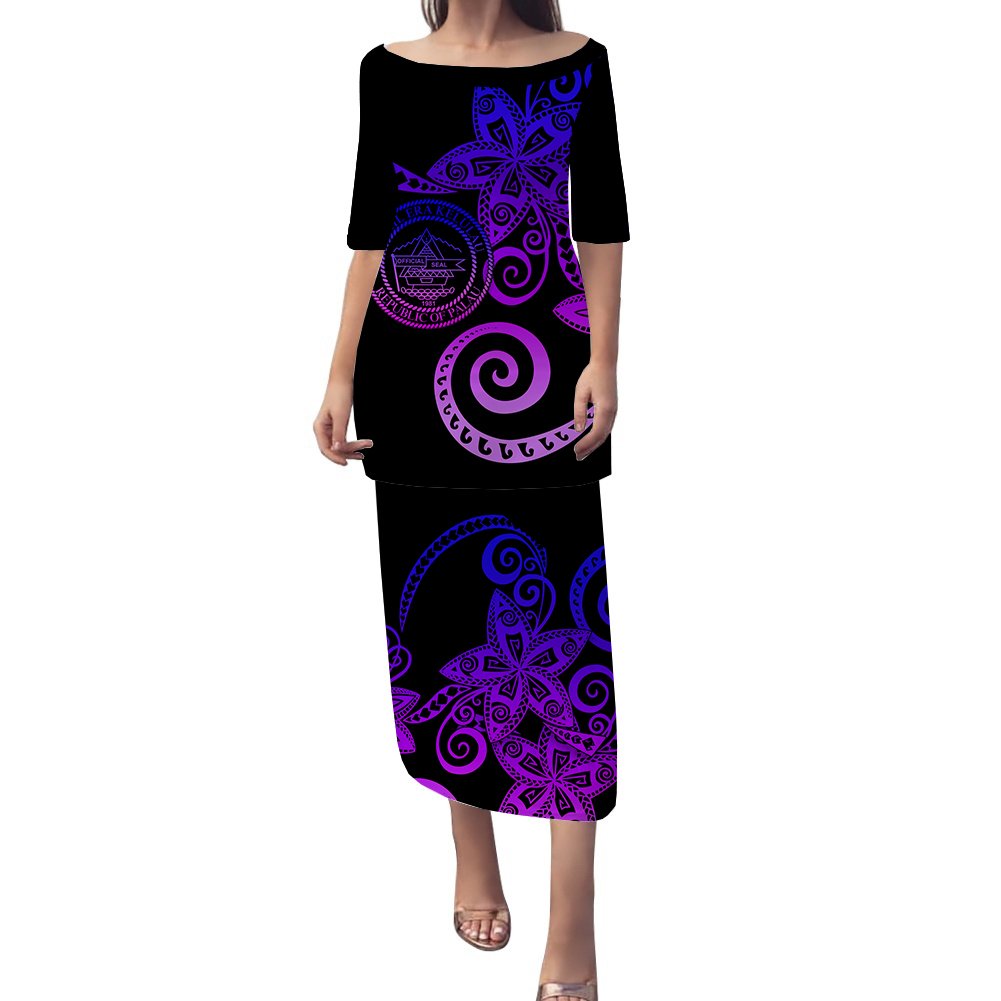 Palau Plumeria Polynesian Tribal Puletasi Dress - LT12 Long Dress Black - Polynesian Pride
