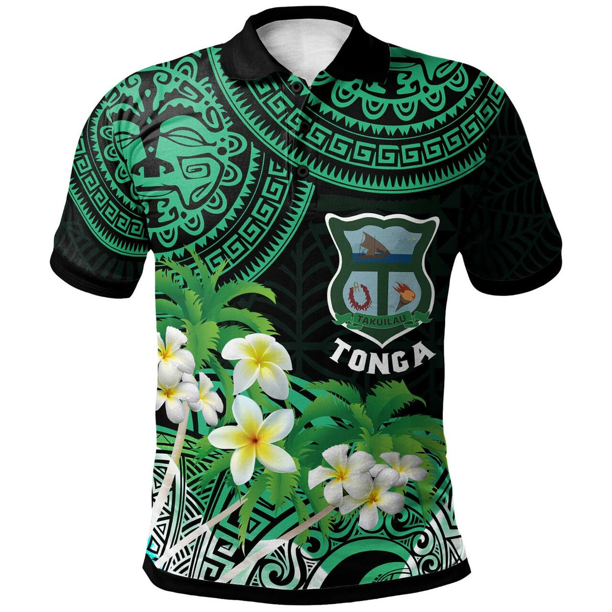 Tonga Custom Polo Shirt Takuilau College with Polynesian Patterns and Plumeria Flower LT10 Green - Polynesian Pride