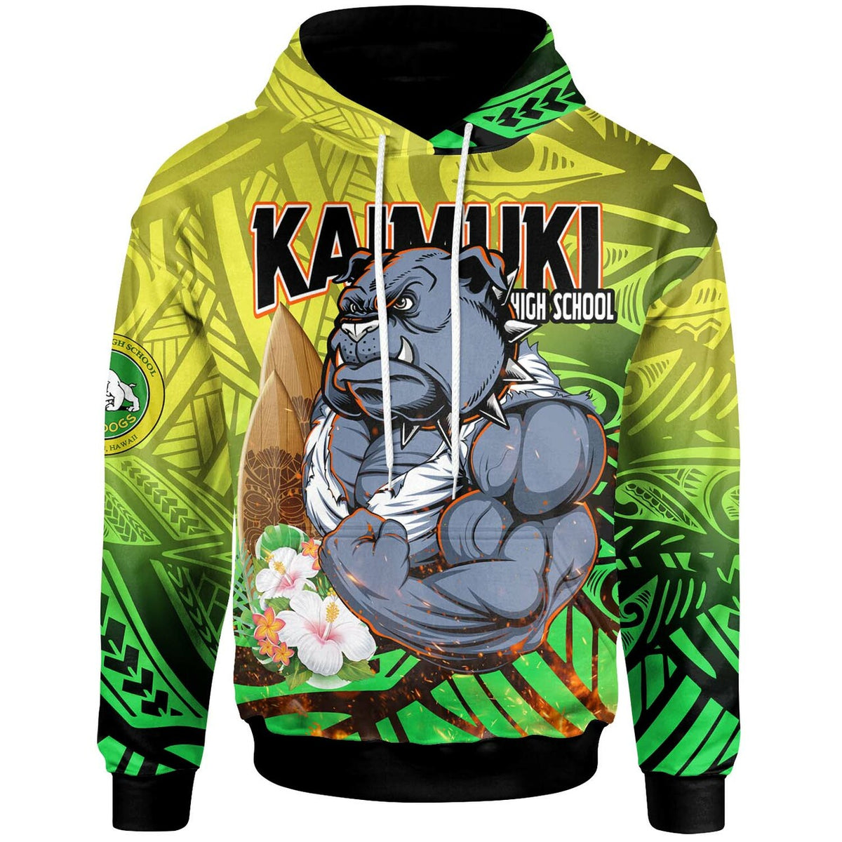 Hawaii Custom Polynesian Hoodie Kaimuki High School Bulldogs Tribal Pattern LT10 Green - Polynesian Pride