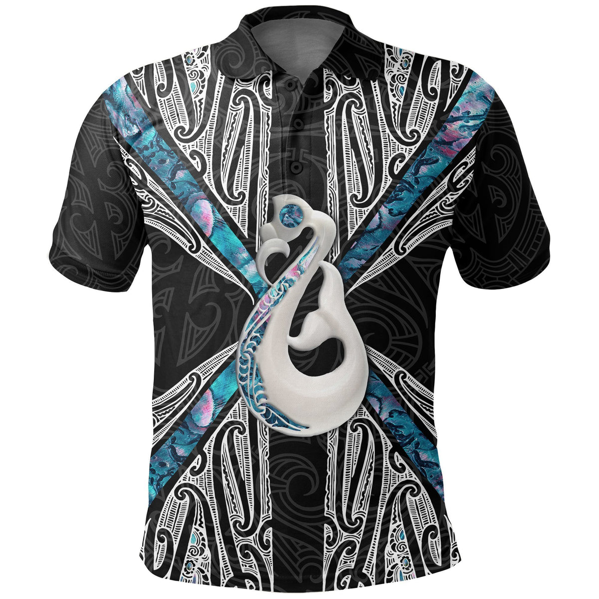 Maori Moko Tattoo Polo Shirt, Manaia Paua Shell Golf Shirts Unisex Black - Polynesian Pride