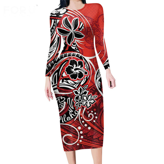Polynesia Red Tribal Print Long Sleeve Dress Long Dress Red - Polynesian Pride