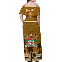 (Custom Personalised) Bula Fiji Off Shoulder Long Dress Fijian Tapa with Palm Tree Gold LT13 - Polynesian Pride