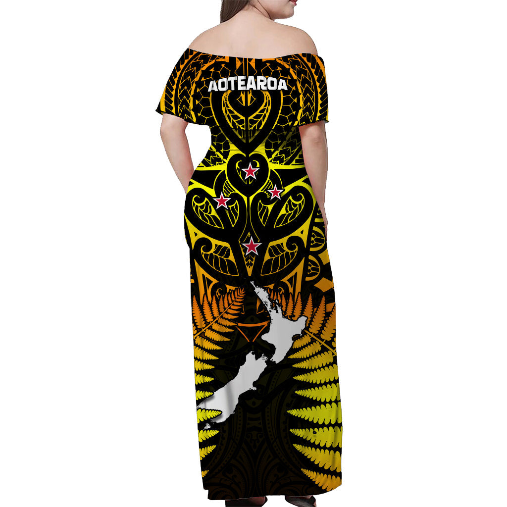 Aotearoa Fern Off Shoulder Long Dress New Zealand Hei Tiki Gold Style LT13 - Polynesian Pride