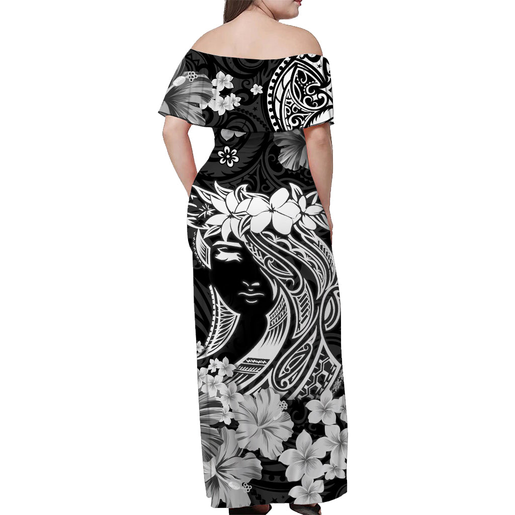 Hawaii Off Shoulder Long Dress - Polynesia Black Attractive Hula Girl LT13 - Polynesian Pride