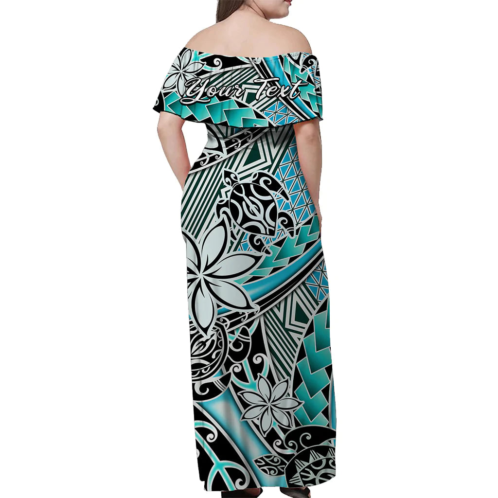 (Custom Personalised) Hawaii Off Shoulder Long Dress Tribal Plumeria With Polynesian Turtle Ver.04 LT14 - Polynesian Pride