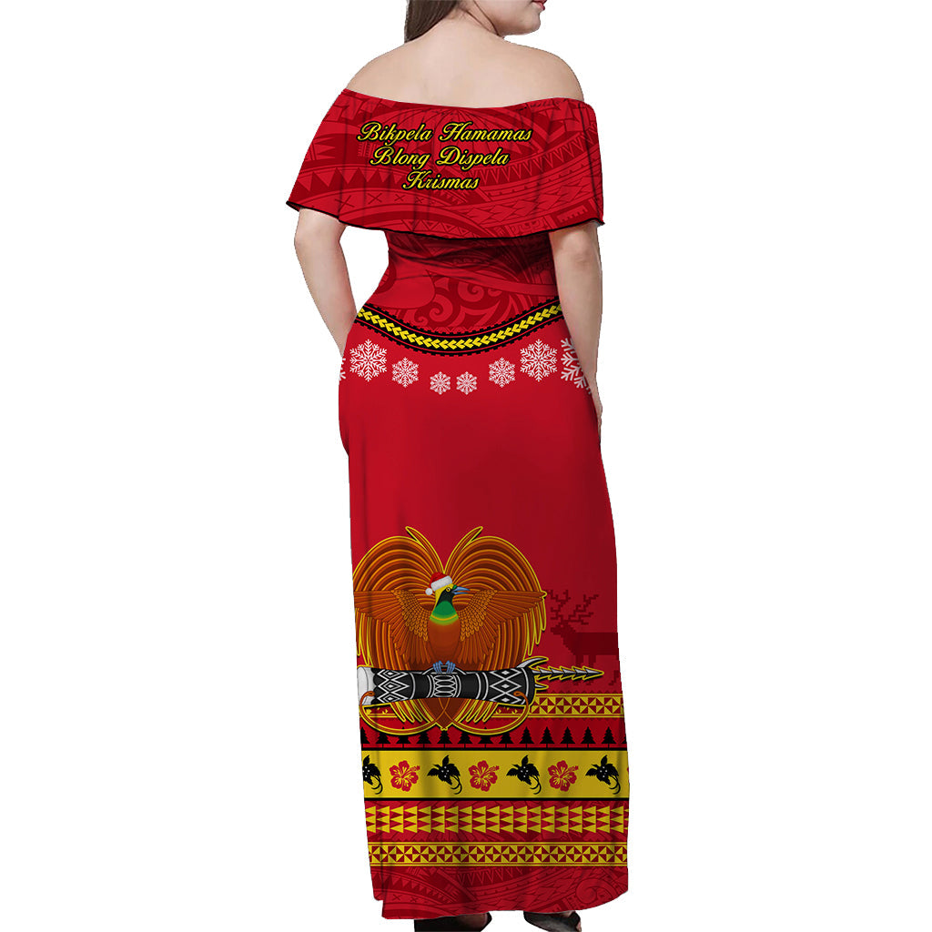 Papua New Guinea Christmas Off Shoulder Long Dress Bird Of Paradise Bikpela Hamamas Blong Dispela Krismas LT14 - Polynesian Pride