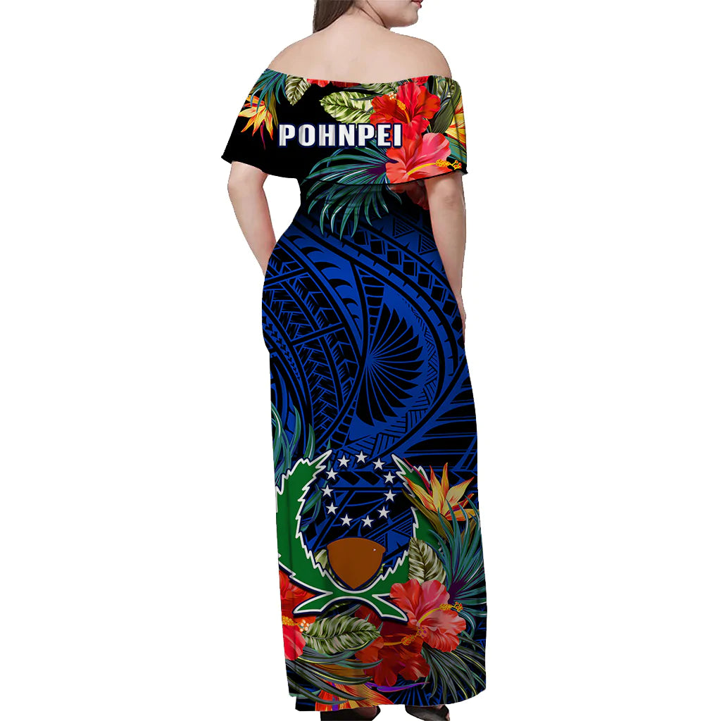Pohnpei State Off Shoulder Long Dress FSM Hibiscus Flowers Mix Polynesian LT14 - Polynesian Pride