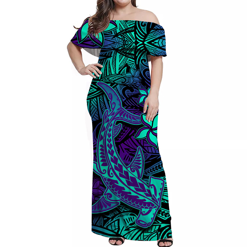 Custom Polynesian Couple Outfits Dress And Hawaiian Shirt Purple Paradise Hawaiian Tribal Hammerhead Shark LT14 - Polynesian Pride