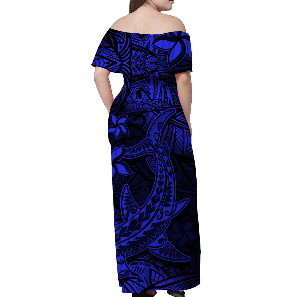 Polynesian Off Shoulder Long Dress Blue Hawaiian Tribal Hammerhead Shark LT14 - Polynesian Pride
