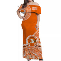 (Custom Personalised) Tailulu Tonga College Off Shoulder Long Dress Tongan Ngatu Pattern LT14 Women Orange - Polynesian Pride