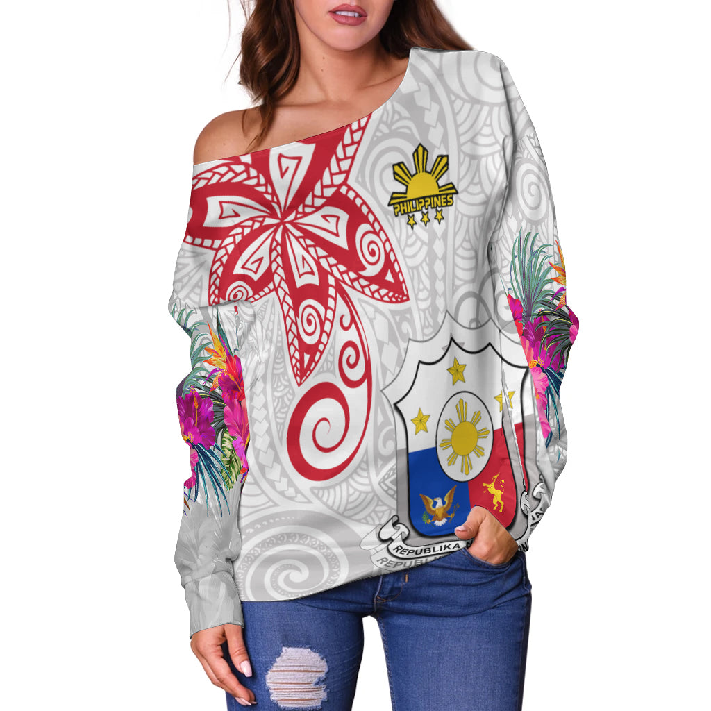 (Custom Personalised) Philippines Off Shoulder Sweater Sun Filipino Polynesian mix Flowers White Vibe LT13 - Polynesian Pride