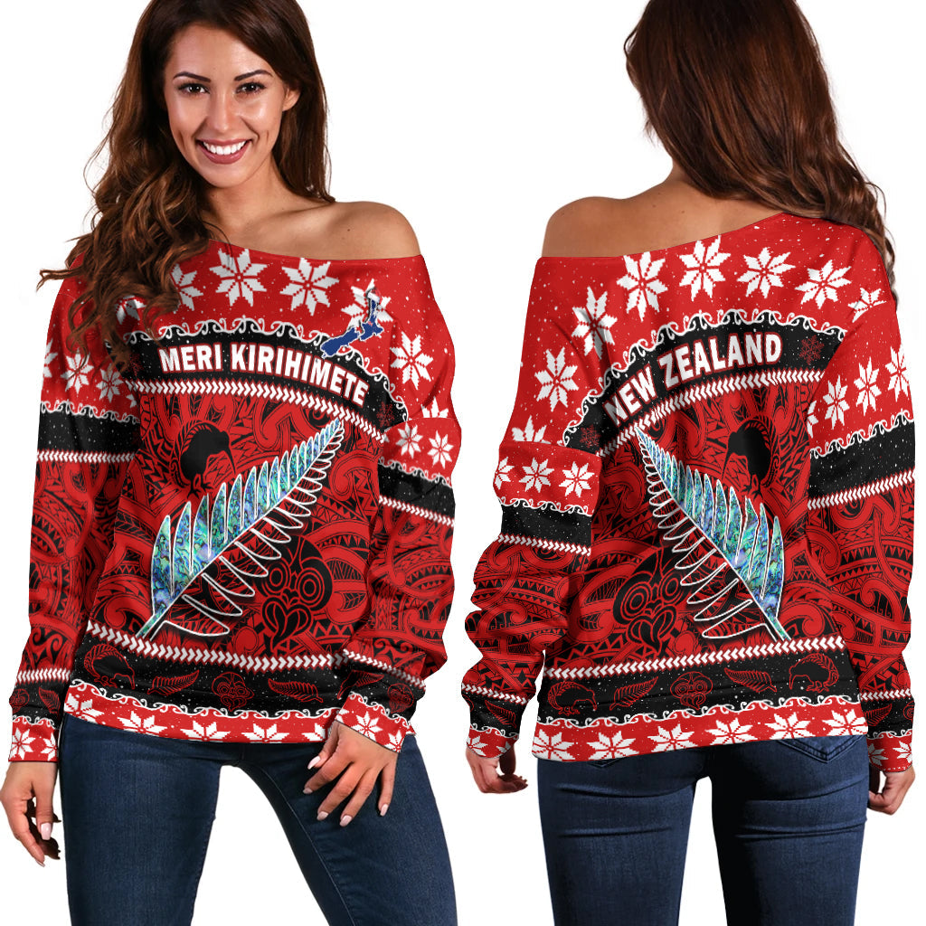 New Zealand Christmas Off Shoulder Sweater Paua Shell Silver Fern Meri Kirihimete LT14 Women Red - Polynesian Pride