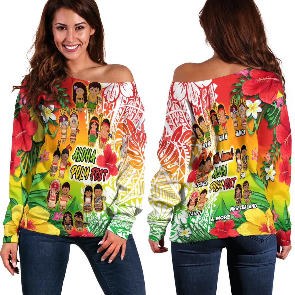 Aloha Poly Fest Off Shoulder Sweater Polynesian Pattern With Tropical Flowers LT14 Women Reggae - Polynesian Pride