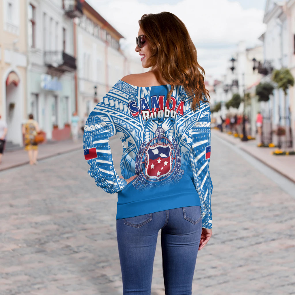 Samoa Rugby Off Shoulder Sweater Toa Samoa Polynesian Pacific Blue Version LT14 - Polynesian Pride